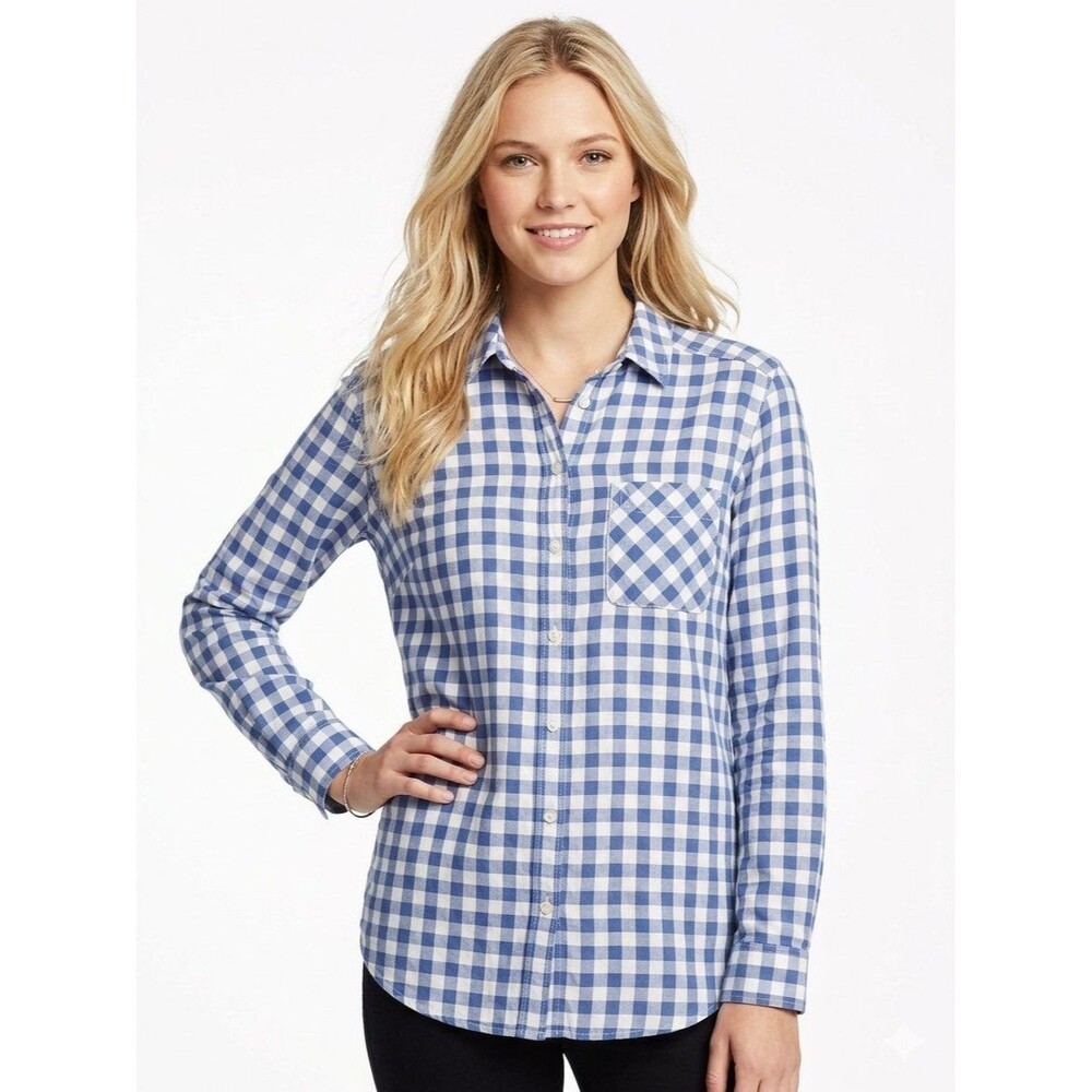 Eddie Bauer Womens Top Shirt L Blue White Check Lightweight Flannel Button up
